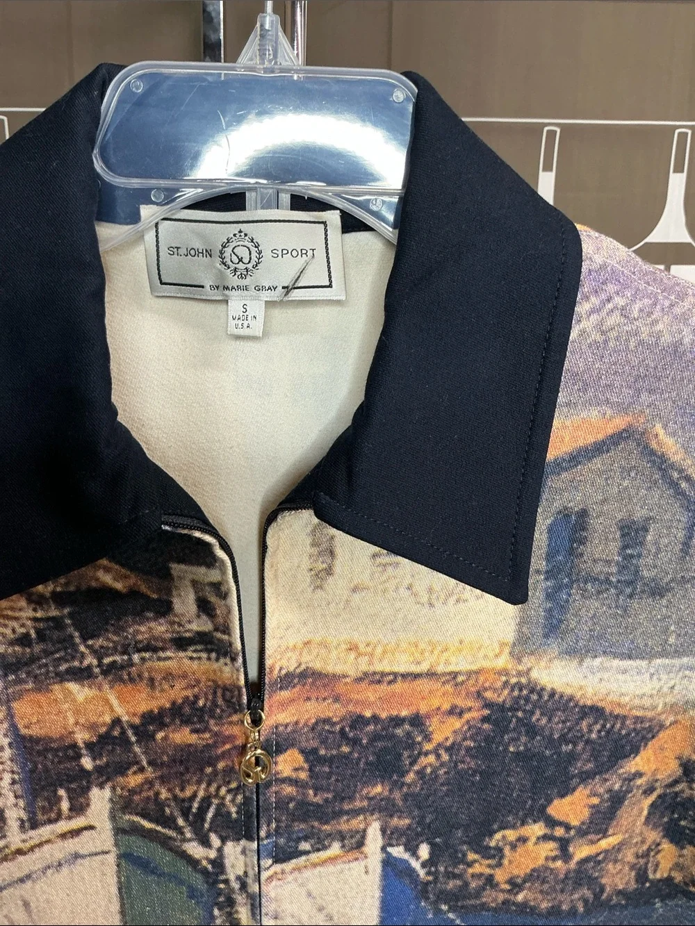 St John Sport Scenic Harbor Print Zip-Front Navy Jacket Sz small #2343